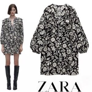 ZARA Black White Floral Dress M Boho V Neck Mini Dress Lightweight cotton